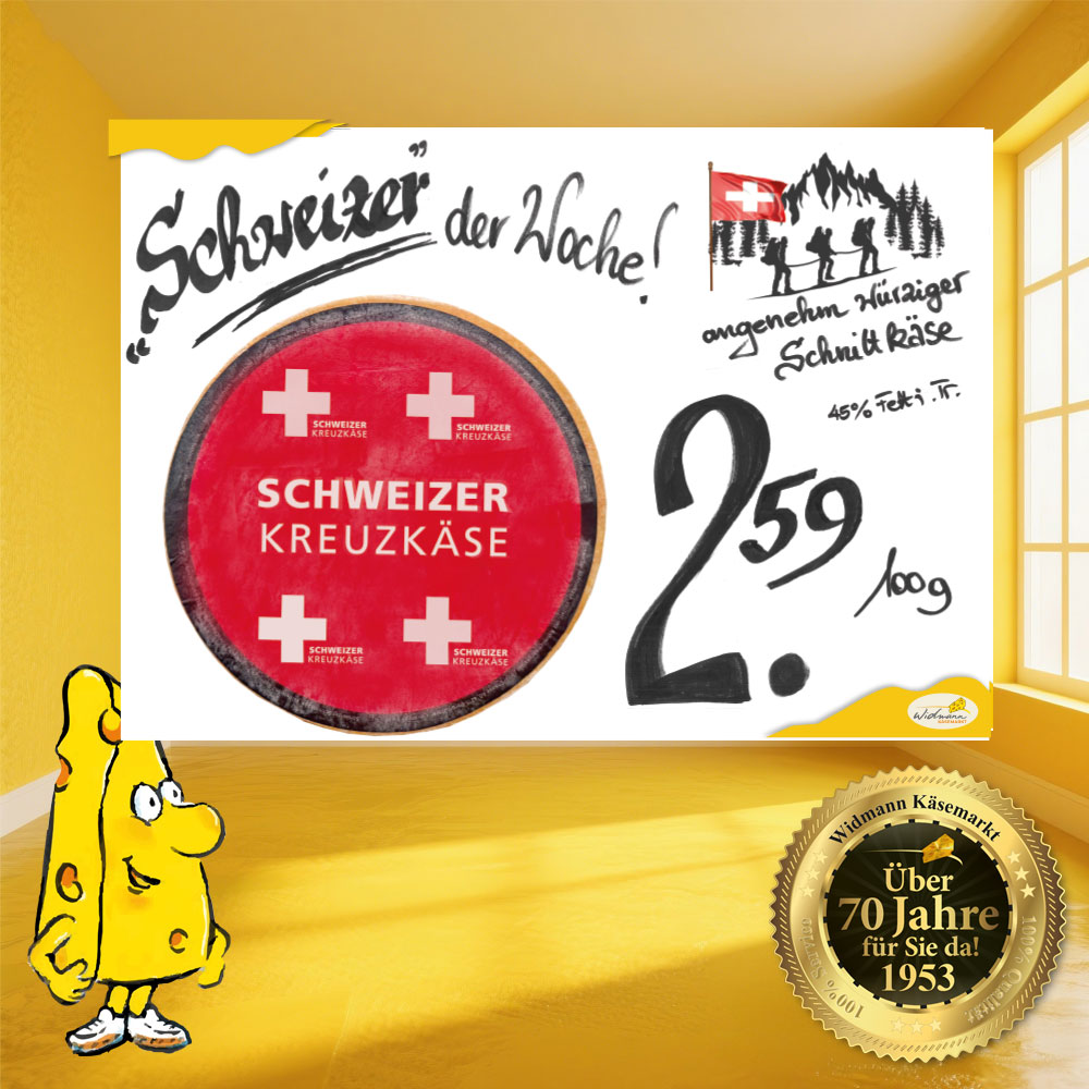 Schweizer Kreuzkäse, ein angenehm würziger Schnittkäse.