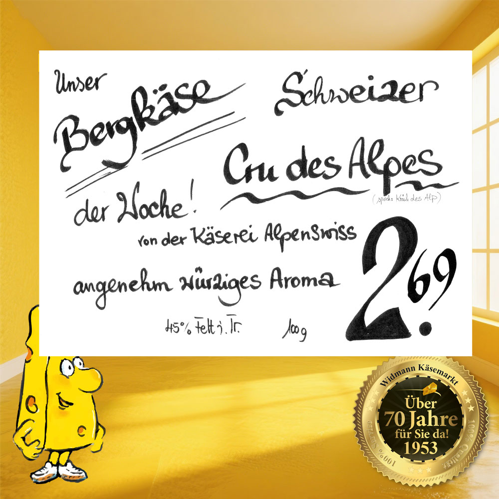 Unser Bergkäse der Woche: Cru des Alpes. Angenehm würziger Bergkäse aus der Schweiz.